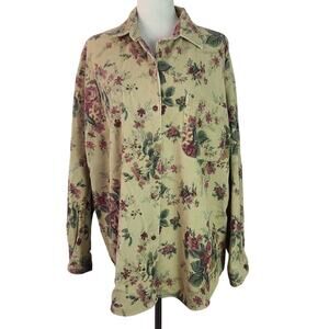 Eddie Bauer Cream Rose Green Floral Roses Vintage Corduroy Shirt Top Shacket XL